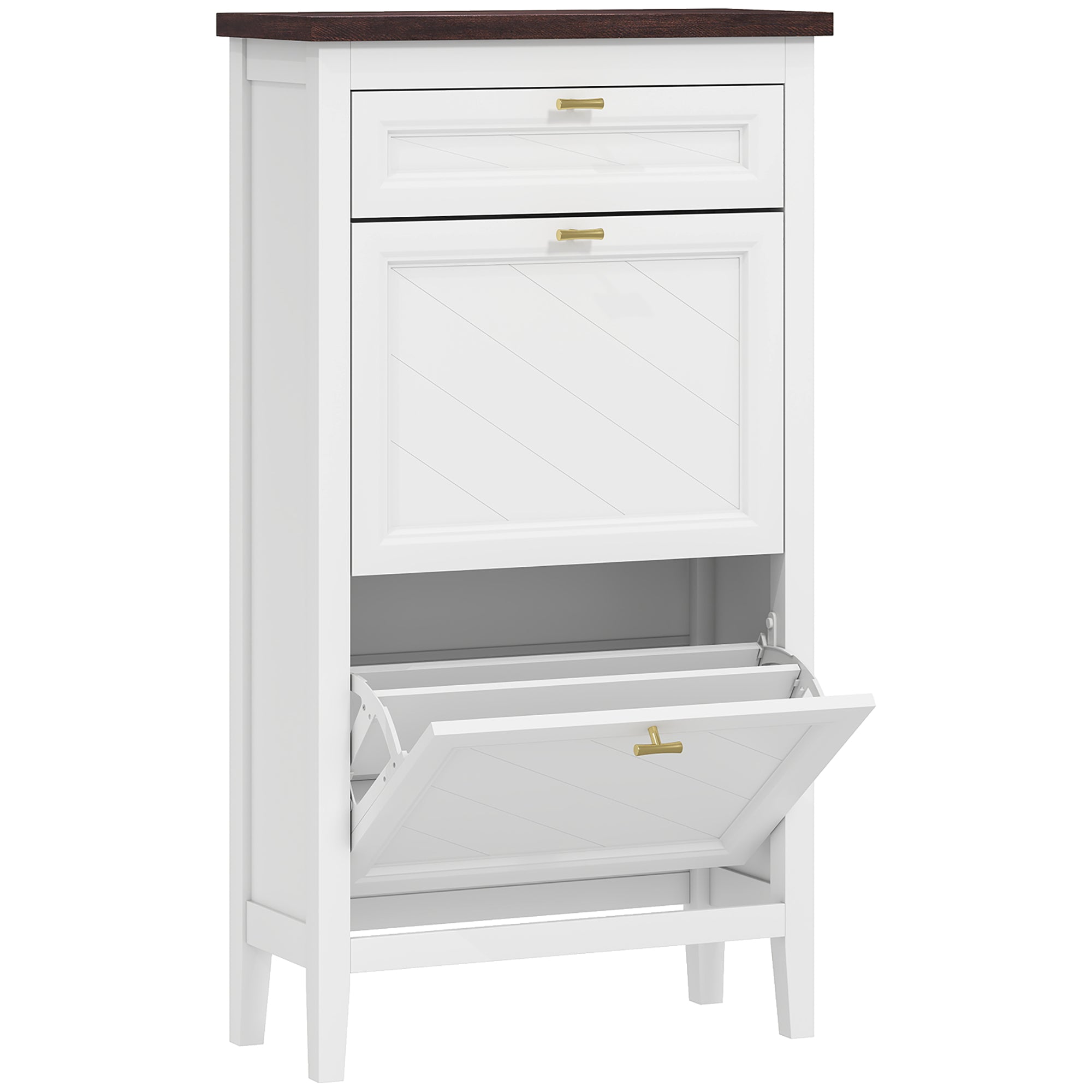 HOMCOM Shoe Cabinet with 2 Flip Drawers, Farmhouse Narrow Shoe Storage Cabinet with Adjustable Shelves, White 