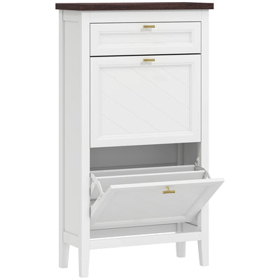 HOMCOM Shoe Cabinet with 2 Flip Drawers, Farmhouse Narrow Shoe Storage Cabinet with Adjustable Shelves, White 