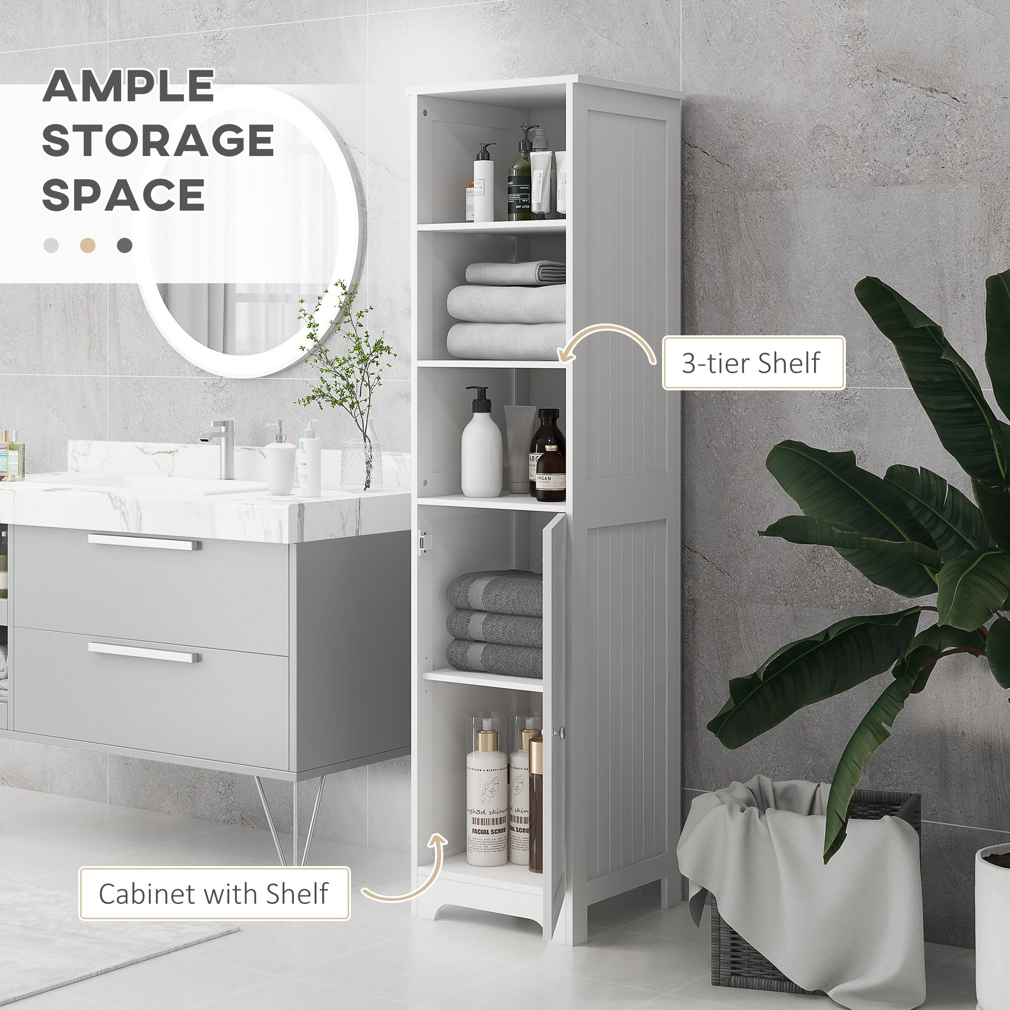 HOMCOM Slim Bathroom Storage Cabinet, Tall Bathroom Cabinet with 3 Open Shelves and Adjustable Shelf, White