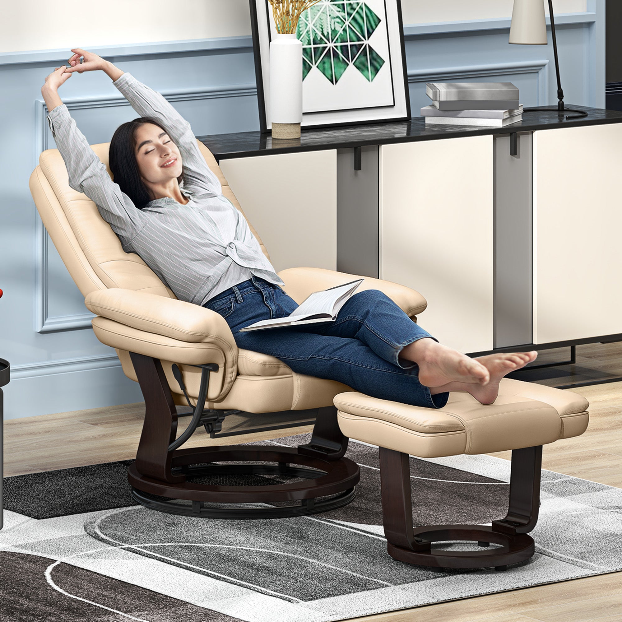 HOMCOM Faux Leather 135\'c2\'b0 Reclining Chair and Footstool - Beige