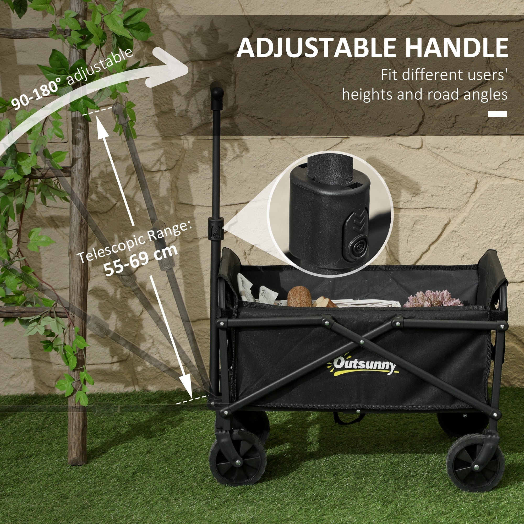 Outsunny 41L Festival Trolley on Wheels, Small Garden Folding Trolley Cart, 60kg Heavy Duty Collapsible Folding Wagon with Adjustable Handle and Carrying Bag for Beach, Camping, Festival, Black 