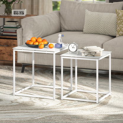 HOMCOM Nest of Tables, Set of 2 Coffee Table, Side Tables with Tempered Glass Desktop and Metal Frame for Living Room, Bedroom, Office, White