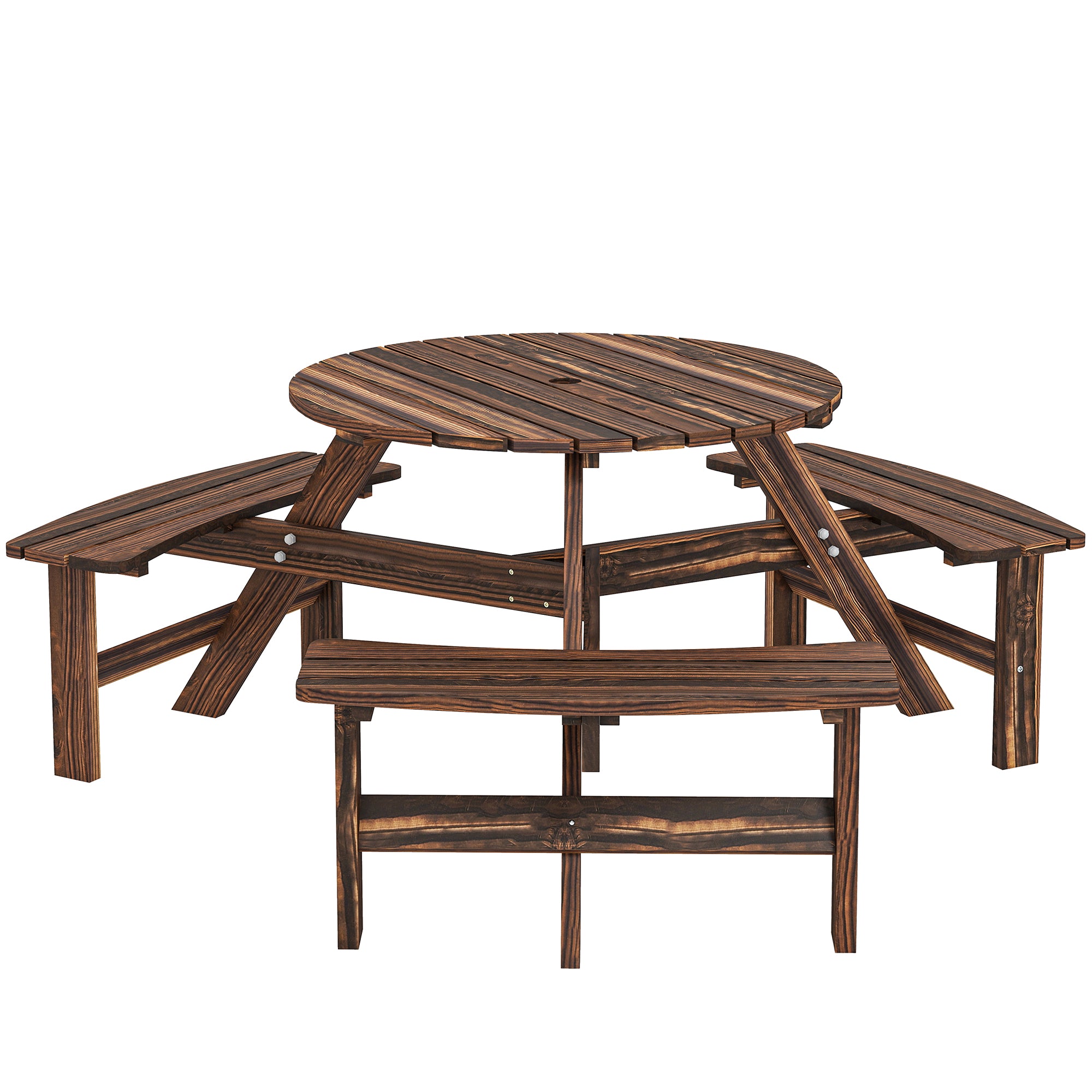Outsunny Wooden Garden Dining Set, 6 Seater Round Dining Picnic Table with Matching Bench, Garden Furniture Set with Parasol Hole for Outdoor Patio Party and Family Gatherings, Carbonized 