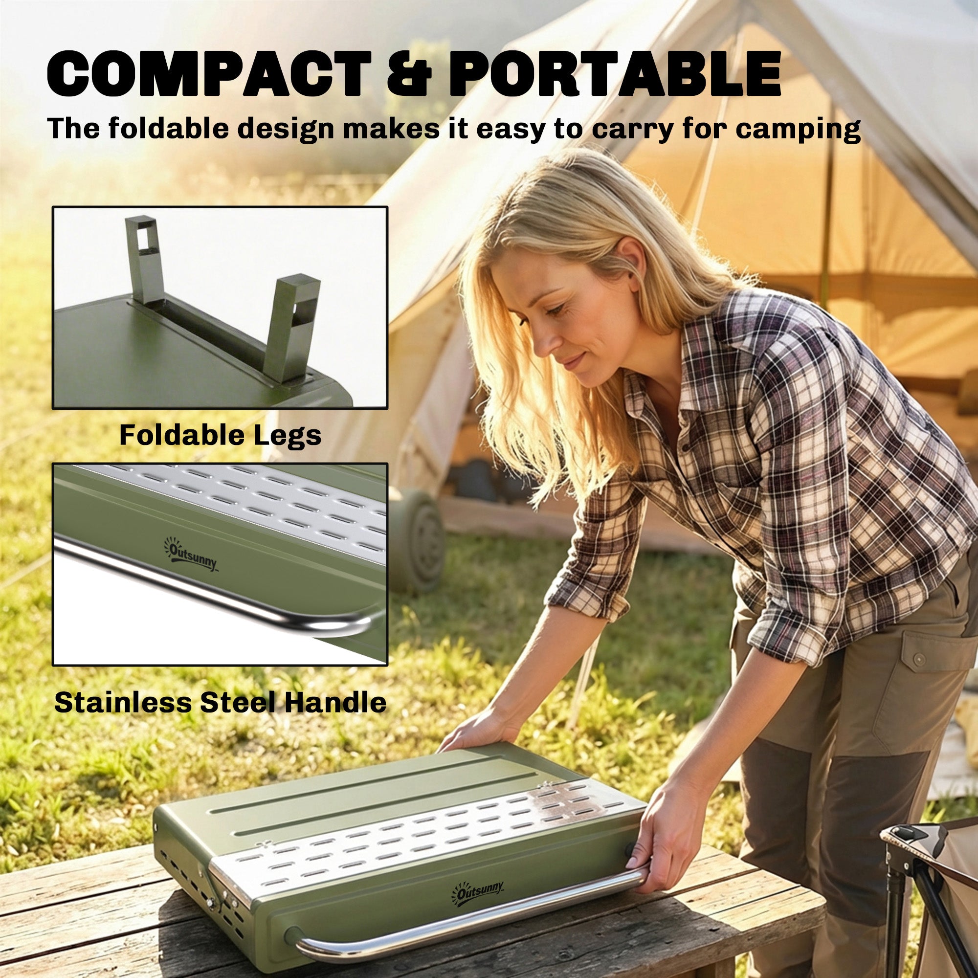 Outsunny Portable BBQ Grill, Charcoal Barbecue Grill with Adjustable Grates, Foldable Legs, Side Shelf for Camping Travel, Green 