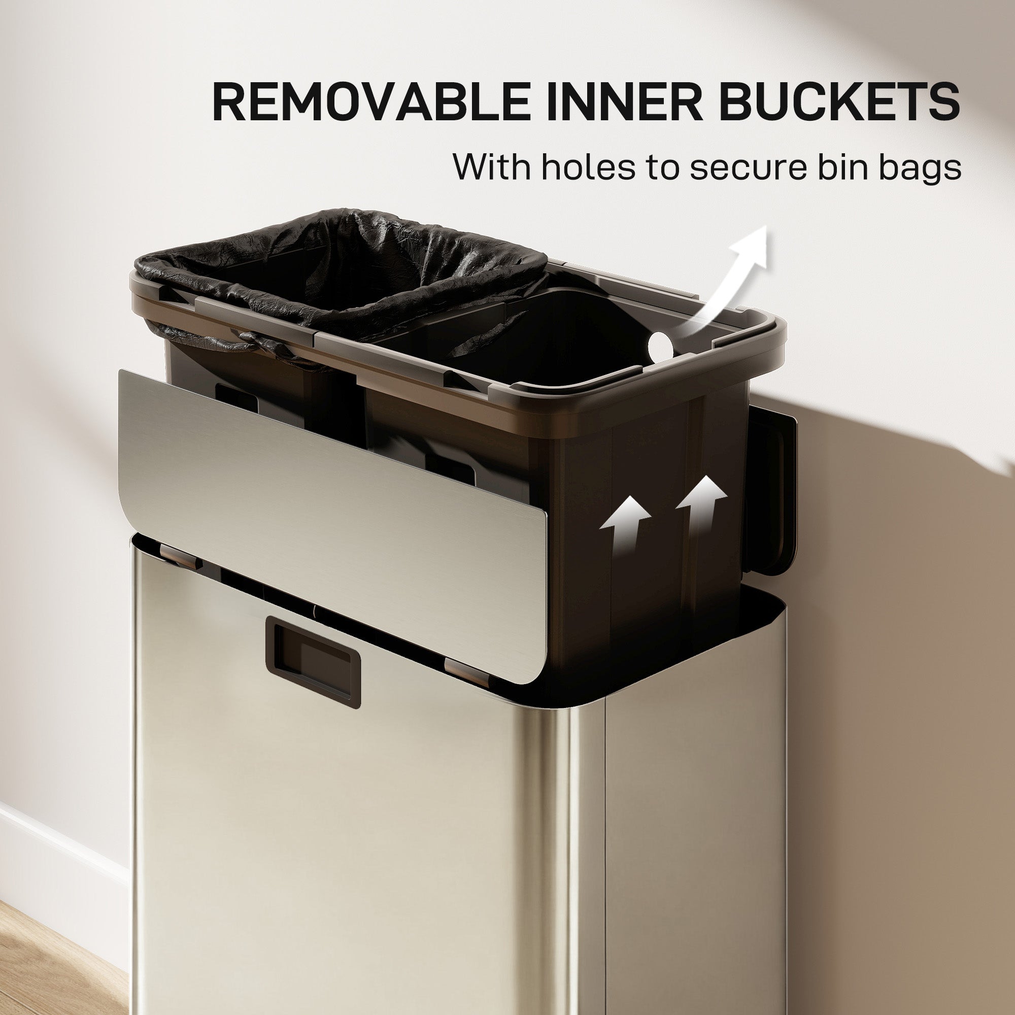 HOMCOM Dual Kitchen Bin with Soft-Close Butterfly Lid, 2 x 28L Stainless Steel Pedal Bin with Removable Inner Buckets, Fingerprint-Proof for Recycling and Waste, Silver Tone 