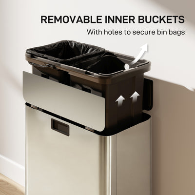 HOMCOM Dual Kitchen Bin with Soft-Close Butterfly Lid, 2 x 28L Stainless Steel Pedal Bin with Removable Inner Buckets, Fingerprint-Proof for Recycling and Waste, Silver Tone 