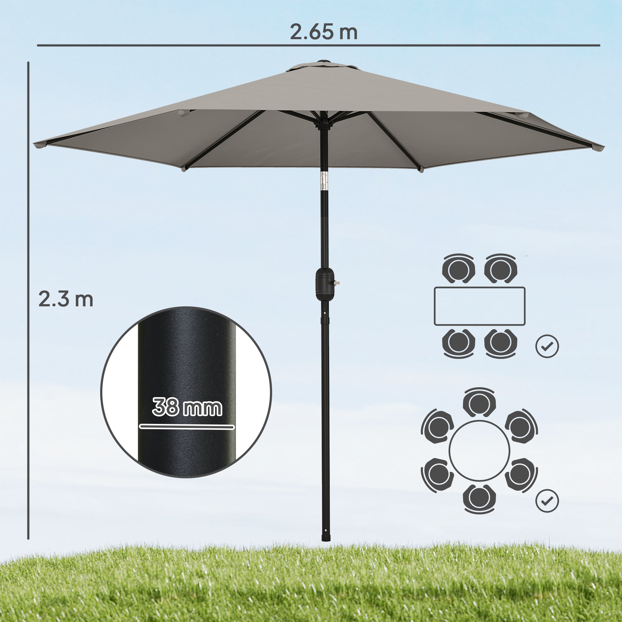 Outsunny 2.6 m Garden Parasol Umbrella with Aluminium Pole, Outdoor Patio Umbrella with Tilt and Crank, Vent, Light Grey 