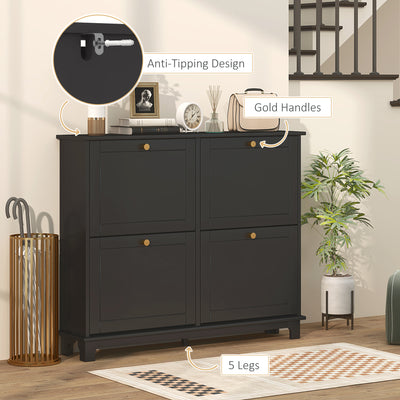 HOMCOM Narrow Shoe Storage Cabinet, Slim Shoe Cabinet with 4 Flip Drawers, Adjustable Shelves for 16 Pairs of Shoes, Black 