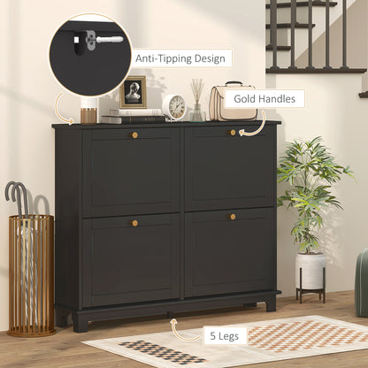 HOMCOM Narrow Shoe Storage Cabinet, Slim Shoe Cabinet with 4 Flip Drawers, Adjustable Shelves for 16 Pairs of Shoes, Black