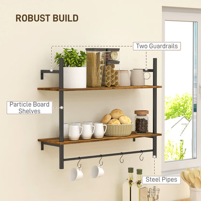 HOMCOM Wall Mounted Floating Shelves with 4 Hooks, Rustic Wall Shelf Unit for Living Room, Entryway, Rustic Brown