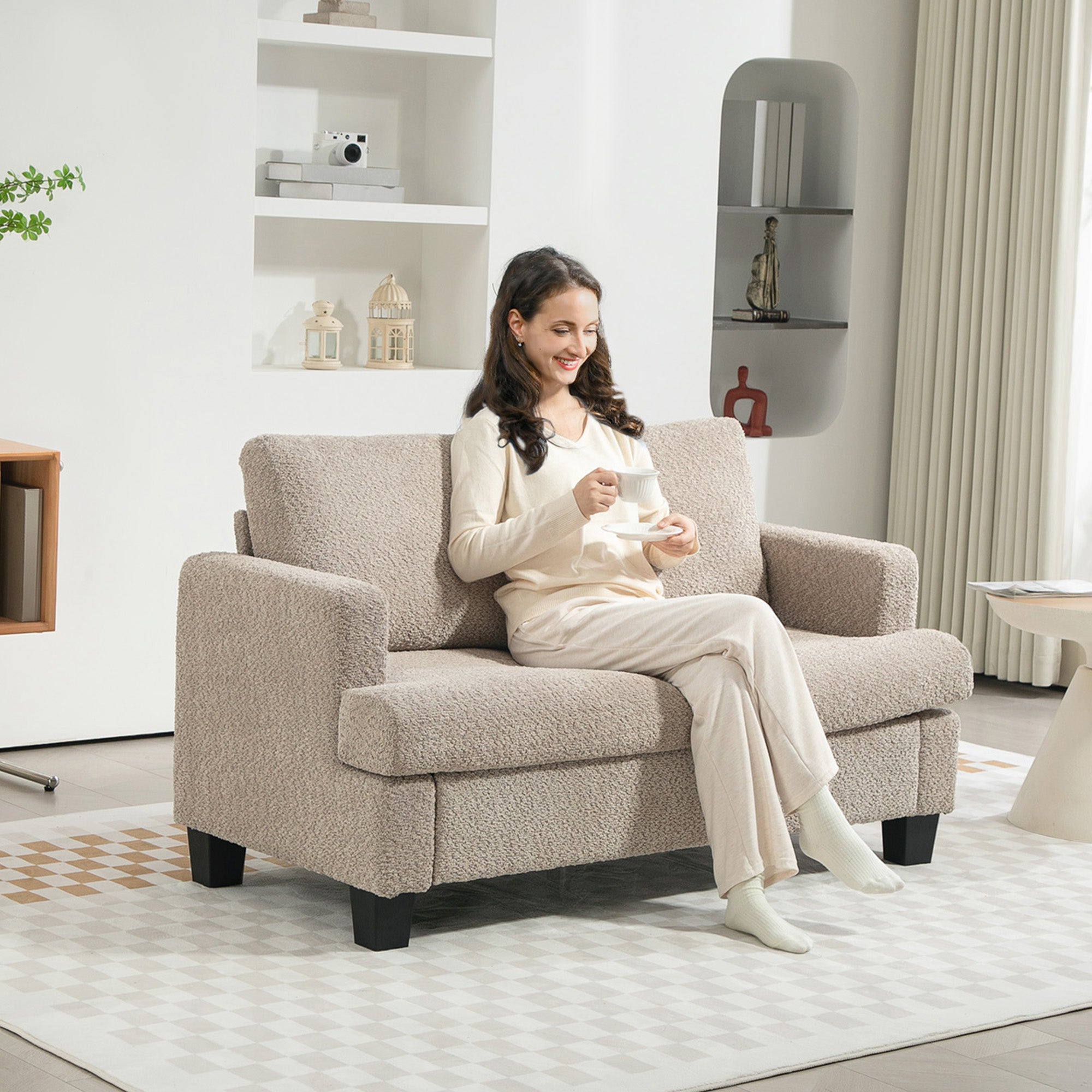 HOMCOM 2 Seater Sofa, Loveseat Sofa with Removable Back Cushions, Chenille Fabric Small Couch Settee with S-springs for Living Room, Bedroom, Home Office, Light Brown 