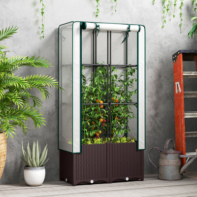 Outsunny Raised Garden Bed with Trellis, Plastic Planter Box with Drainage Holes and Drain Plugs for Climbing Plants, Vegetables, Flowers, 80 x 40 x 140 cm 