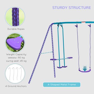 Outsunny Height Adjustable Metal Swing Set with Glider, Two Swing Seats and Adjustable Height, Outdoor Heavy Duty A-Frame 