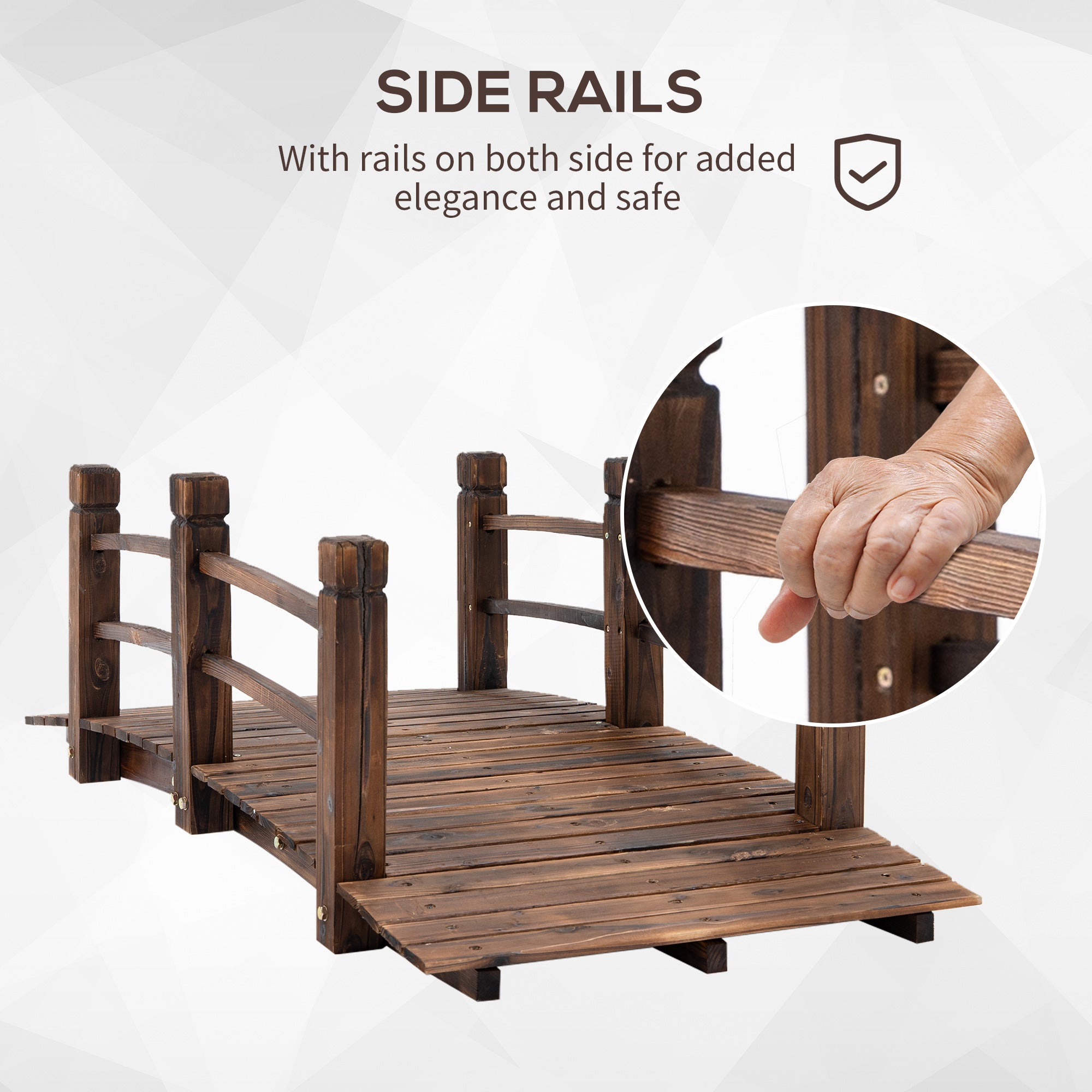 Outsunny 1.5M Wooden Garden Bridge Lawn Décor Stained Finish Arc Outdoor Pond Walkway w/ Railings Water Yard Decoration 