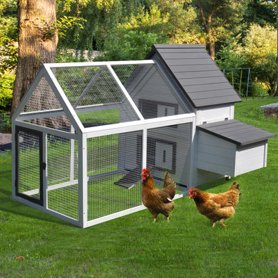 PawHut Chicken Coop with Run Wooden Hen House Pet Poultry Coops Cages Small Animal Outdoor Pen with Nesting Box 166 x 124 x 112cm 
