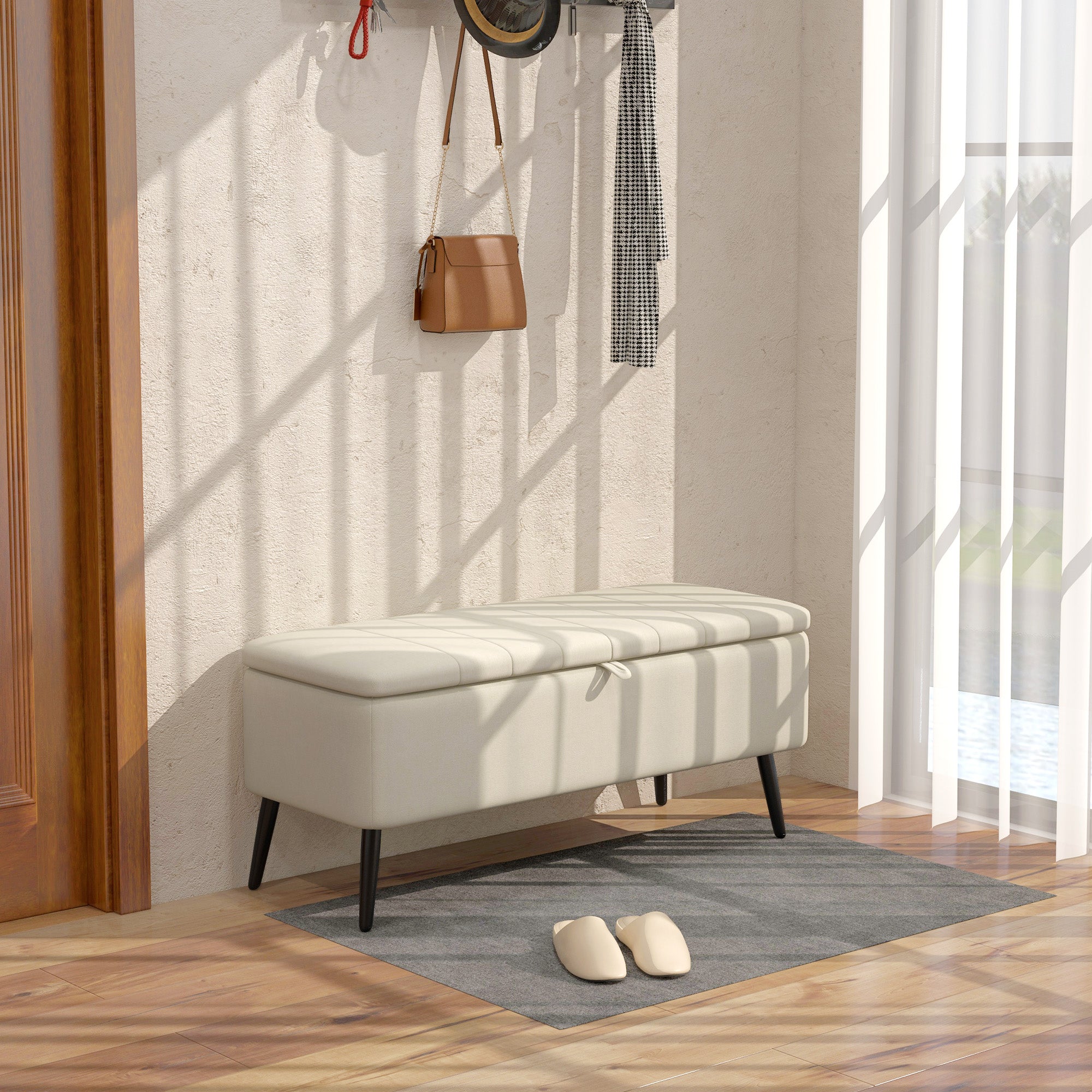 HOMCOM Linen-Look 92 x 31cm Storage Ottoman - Cream White 