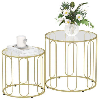 HOMCOM Round Coffee Table Set of 2, Glass Nest of Tables with Metal Frame and Tempered Glass Tabletop, Modern Side Tables for Living Room, Gold Tone 
