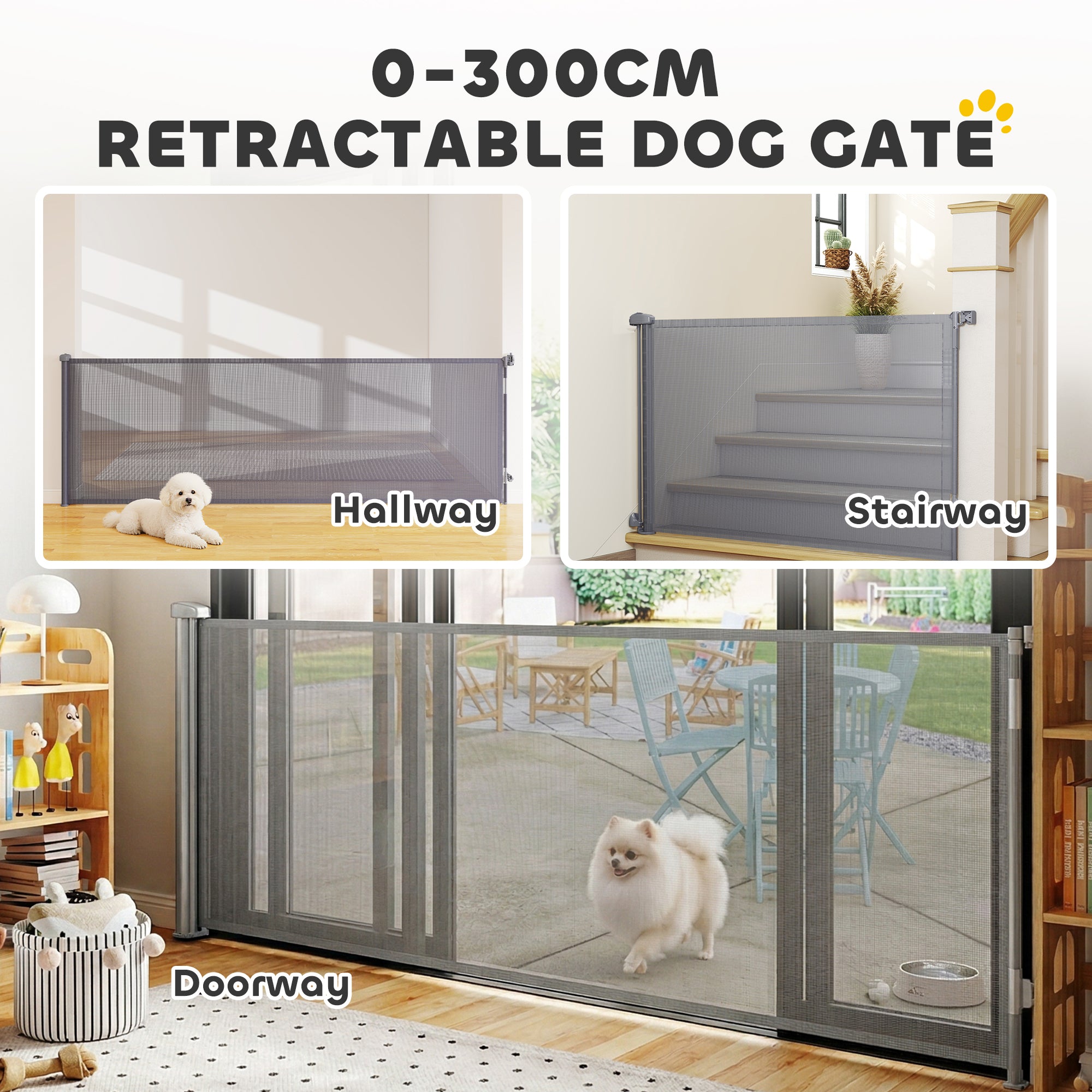 PawHut Retractable Dog Gate, Extends to 300 cm Wide & 104 cm Tall, Mesh Pet Gate Single Hand Operation, for Stairs Doorways 