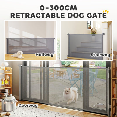PawHut Retractable Dog Gate, Extends to 300 cm Wide & 104 cm Tall, Mesh Pet Gate Single Hand Operation, for Stairs Doorways 