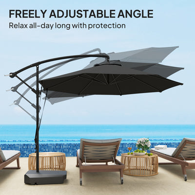 Outsunny 3(m) Garden Cantilever Parasol with Fillable Base, Wind Protection Strap, Cover, Round Banana Hanging Umbrella with Crank Handle and Tilt, Patio Umbrella for Outdoor Sun Shade, UPF50+, Grey 