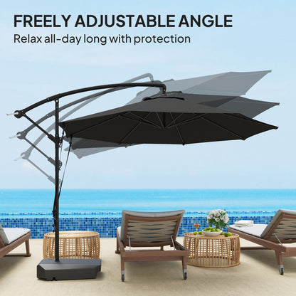 Outsunny 3(m) Garden Cantilever Parasol with Fillable Base, Wind Protection Strap, Cover, Round Banana Hanging Umbrella with Crank Handle and Tilt, Patio Umbrella for Outdoor Sun Shade, UPF50+, Grey