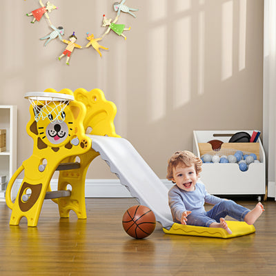 AIYAPLAY Baby Slide with Basketball Hoop, Climber, Easy to Assemble Kids Slide for Indoor Use, for Ages 18-36 Months - Yellow 