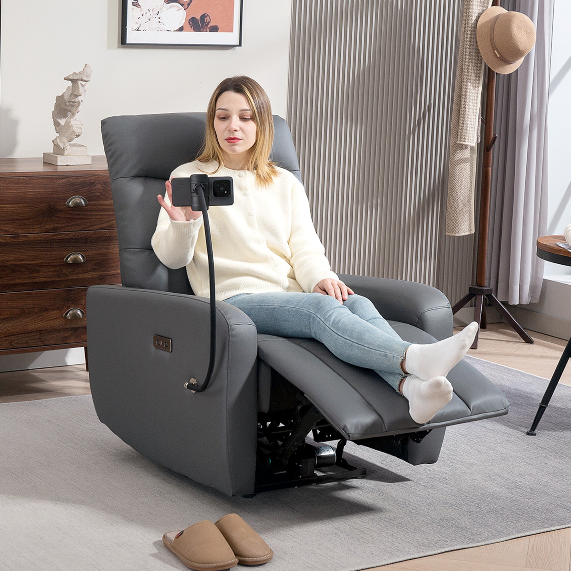 HOMCOM Electric Recliner Armchair with USB + Type C Charge Port, Phone Holder, PU Leather Reclining Chair with Adjustable Leg Rest, Recliner Chair for Home Living Room Theater, Grey 