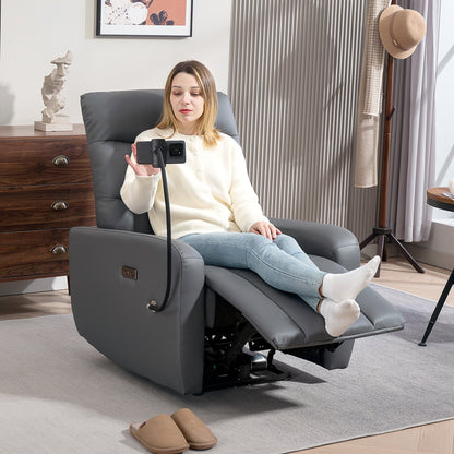 HOMCOM Electric Recliner Armchair with USB + Type C Charge Port, Phone Holder, PU Leather Reclining Chair with Adjustable Leg Rest, Recliner Chair for Home Living Room Theater, Grey 