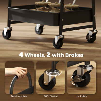 HOMCOM 3-Tier Kitchen Storage Trolley with on Wheels Cover Top Board - Rustic Brown and Black