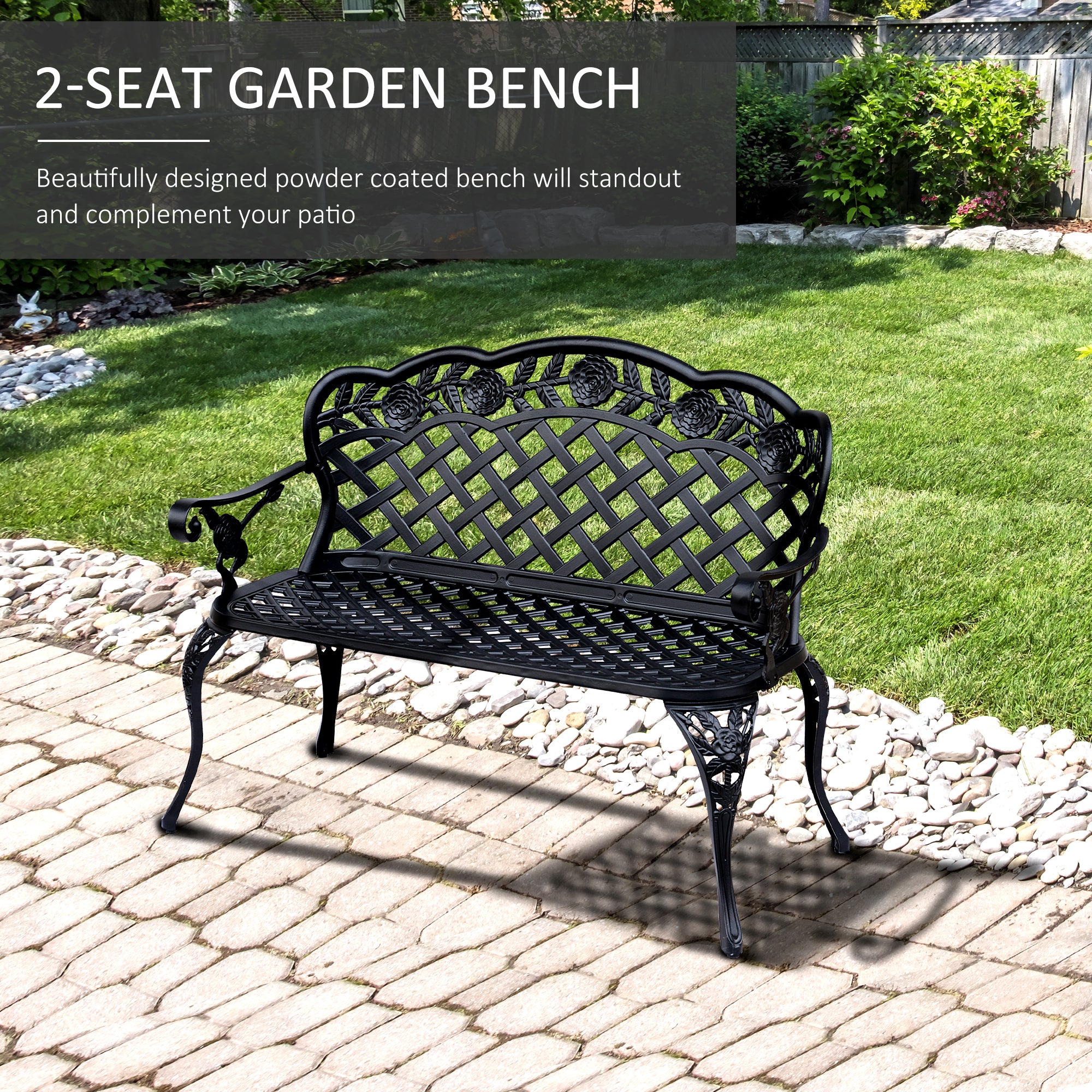 Outsunny Garden Bench, Cast Aluminium, 107Lx58Wx85H cm-Black 
