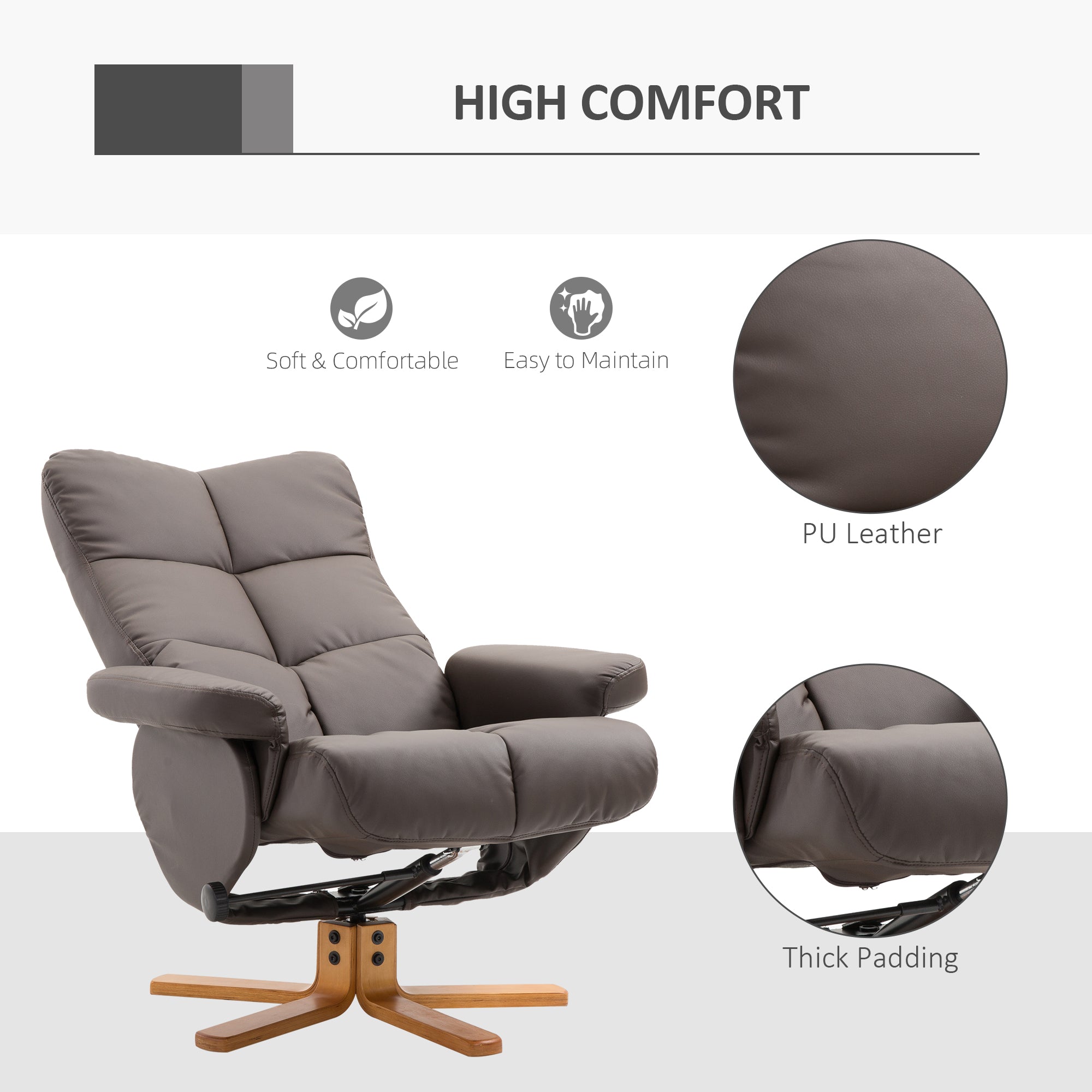 HOMCOM Recliner Armchair, Swivel Reclining Chair With Ottoman, Swivel Faux Leather Chair with Wooden Base and Storage Footstool for Living Room, Brown 