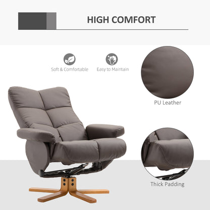 HOMCOM Recliner Armchair, Swivel Reclining Chair With Ottoman, Swivel Faux Leather Chair with Wooden Base and Storage Footstool for Living Room, Brown 