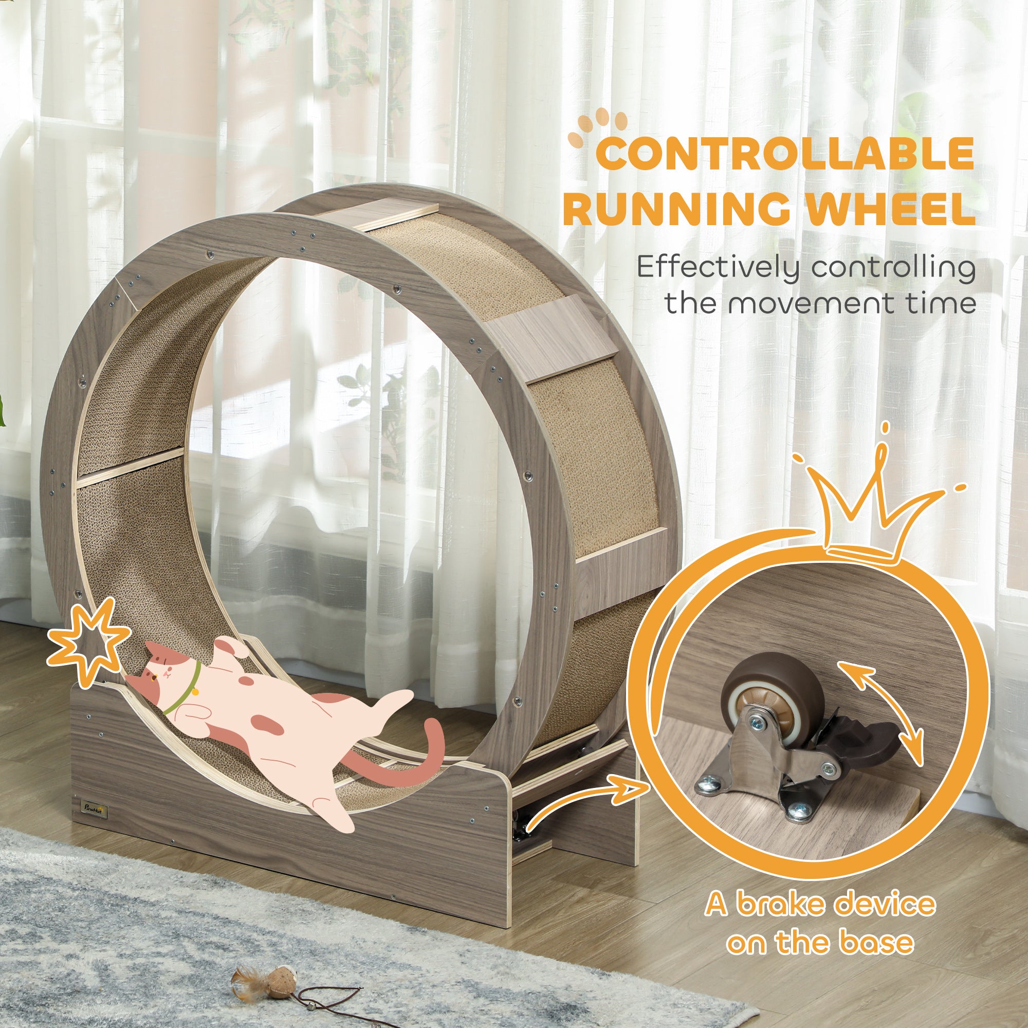 PawHut Cat Wheel with Brake, Scratching Pads - Walnut Brown 