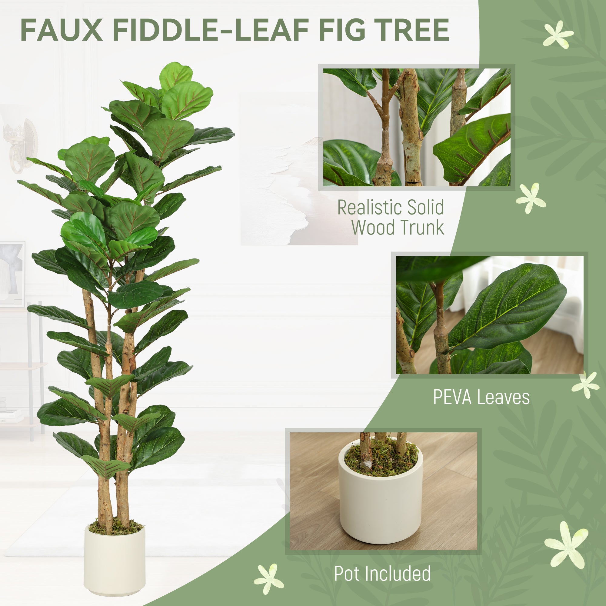HOMCOM 150cm Artificial Fiddle Leaf Fig Tree - Green 