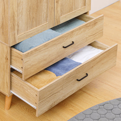 HOMCOM 2 Door Wardrobe, Modern Wardrobe with 2 Drawer and Hanging Rail for Bedroom, Natural 