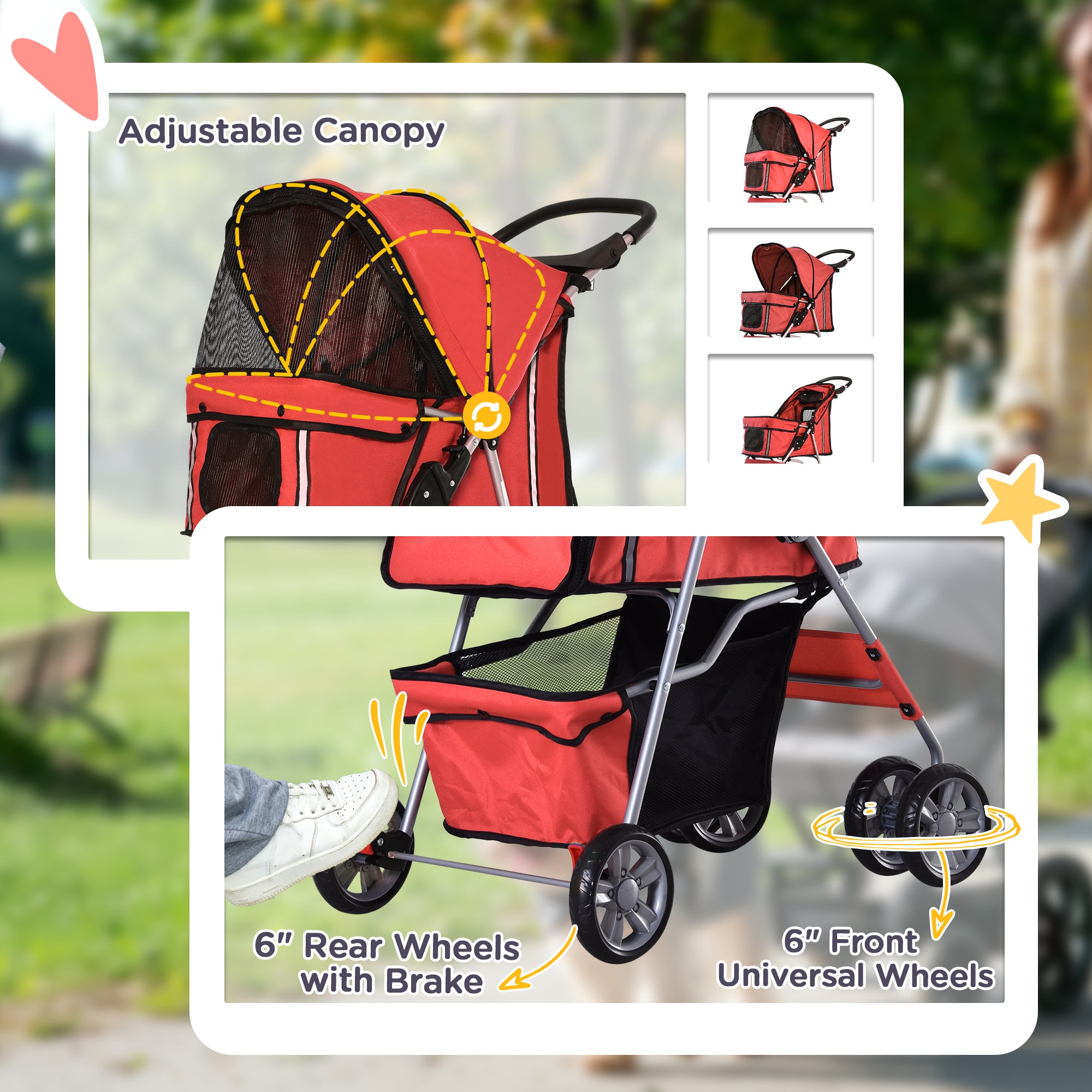 PawHut Pet Stroller for Small Miniature Dogs Cats Foldable Travel Carriage with Wheels Zipper Entry Cup Holder Storage Basket Red 