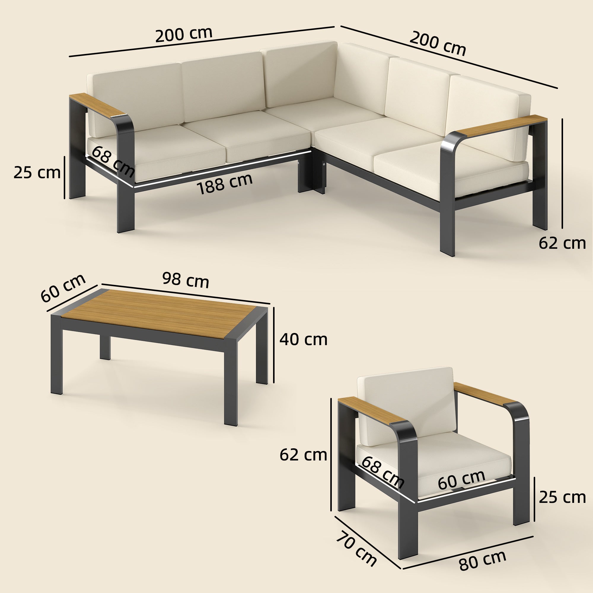 Outsunny 3 Pieces Garden Furniture Set with L-Shaped Sofa, Armchair and Coffee Table, Aluminium Garden Corner Sofa Set 