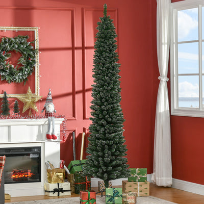 HOMCOM 7.5FT Artificial Snow Dipped Christmas Tree Xmas Pencil Tree Holiday Home Indoor Decoration with Foldable Black Stand, Green 