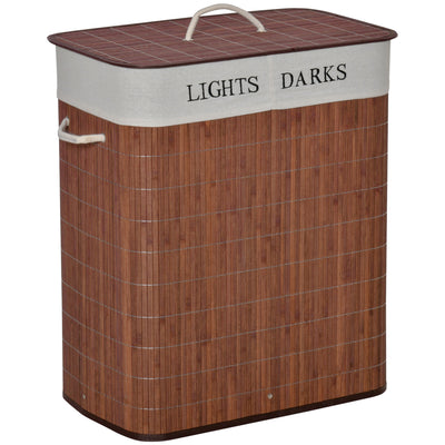 HOMCOM 100L Laundry Basket with Lid String Handles, 2 Section Collapsible Hamper Removable Lining Foldable Water-Resistant Dirty Clothes Storage, Brown 