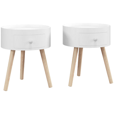 HOMCOM Modern Side Table, Small Coffee Table, Round Bedside Table with Drawer and Wood Legs for Living Room, Bedroom, Set of 2, White 