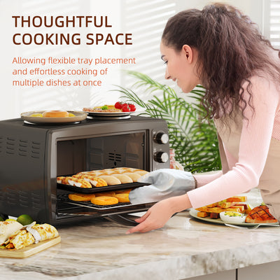 HOMCOM 36L Small Oven with 2 Hot Plates, Countertop Toaster Oven, Grill, Roast, Bake, Boil, with Timer, Adjustable Temperature, Electric Oven with Baking Tray, Grill Rack, Crumb Tray, 2600W, Black 