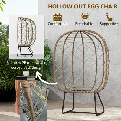 Outsunny Rattan Egg Chair Outdoor Indoor Wicker Chair with Thickened Cushion and Headrest, Standing Garden Egg Chair with Cup Holder, Metal Frame for Patio, Balcony, Brown 