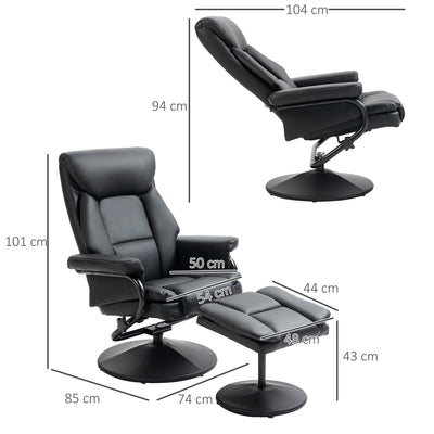 HOMCOM Swivel Recliner Chair with Footstool, PU Leather Recliner Armchair with Ottoman, Steel Base, Upholstered Reclining Chair for Living Room, Bedroom, Office, Black 