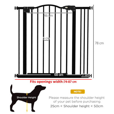 PawHut Metal 74-87cm Adjustable Pet Gate Safety Barrier w/ Auto-Close Door Black 