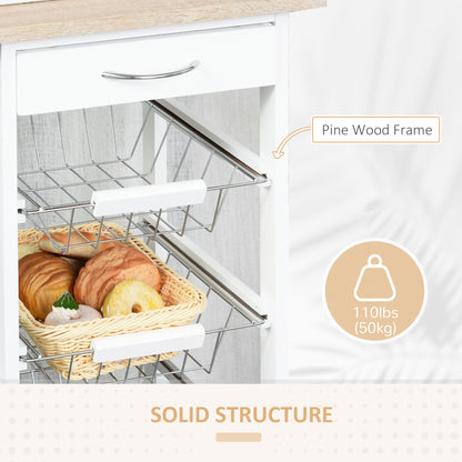 HOMCOM Rolling Kitchen Cart, Utility Storage Cart with 4 Basket Drawers & Side Racks, Wheels for Dining Room, Natural and White 