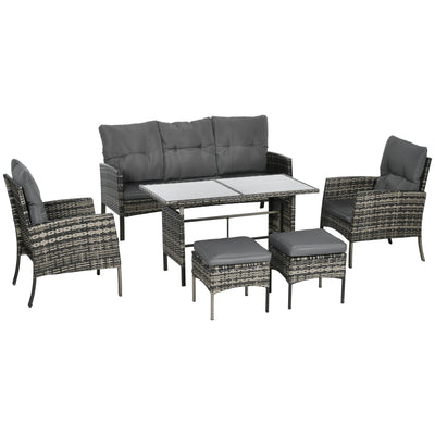 Outsunny 5 Seater Rattan Garden Furniture Set, 2 Armchairs, 3-Seater Wicker Sofa, 2 Footstools and Glass Table, 6 Piece Patio Rattan furniture Sofa Sets with Cushions for Conservatory, Mixed Grey 