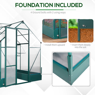 Outsunny 6x8 FT Polycarbonate Greenhouse with Base and Raised Bed, Walk-in Greenhouse with Aluminium Frame, Temperature Controlled Window, Foundation for Plants, Flowers, Vegetable 