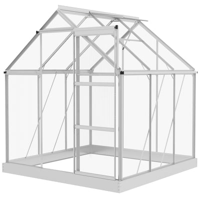 Outsunny 6 x 6ft Walk-In Greenhouse, Polycarbonate Greenhouse with Sliding Door, Window, Aluminium Frame, Foundation, Silver 