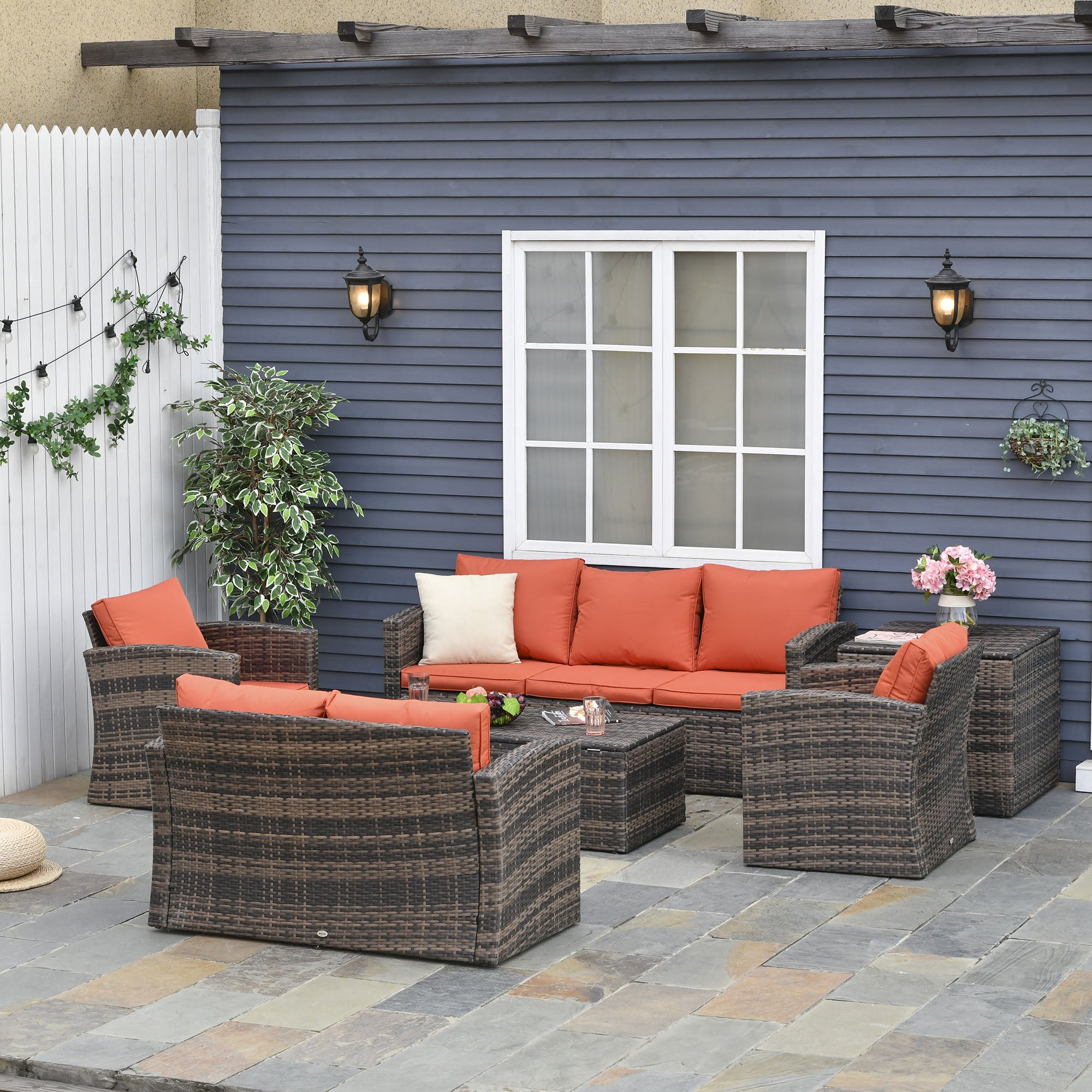 Outsunny 6 Pieces Rattan Garden Furniture Set, 7 Seater Wicker Outdoor Furniture Set with Storage Tea Table & Side Table, Sectional Garden Sofa Set with Cushions, Orange 