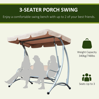 Outsunny 3 Seater Garden Swing Seat Bench Steel Swing Chair with Adjustable Canopy for Outdoor Patio Porch - Beige 